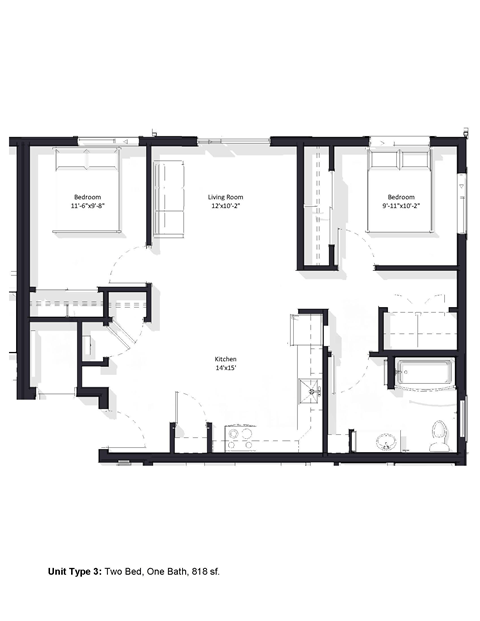 Floor plan for 2 beds, 1 bath, 818 sqft